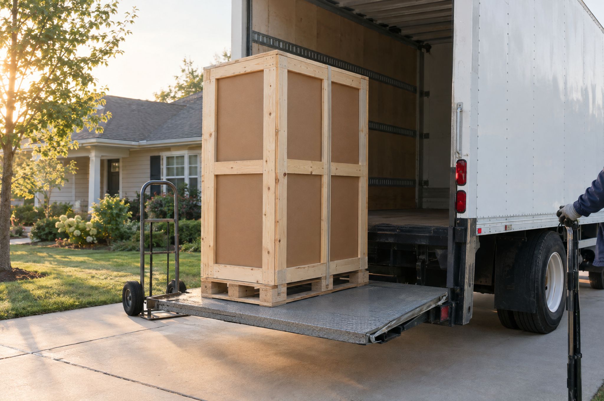 Crated shower kit on a truck liftgate in the driveway of a home