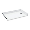 White barrier-free shower pan with a low front edge and a square drain grate