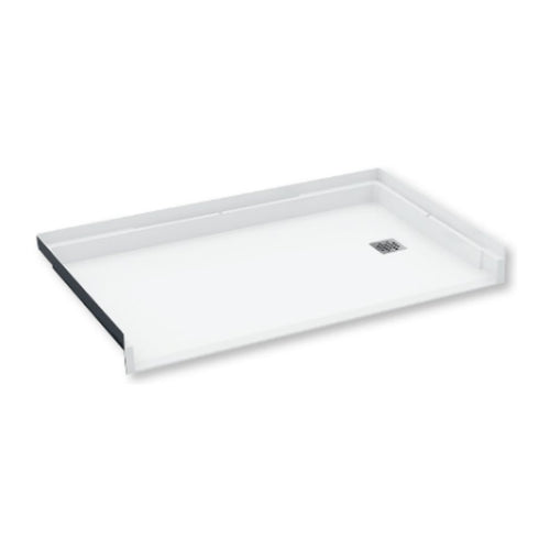 White barrier-free shower pan with a low front edge and a square drain grate
