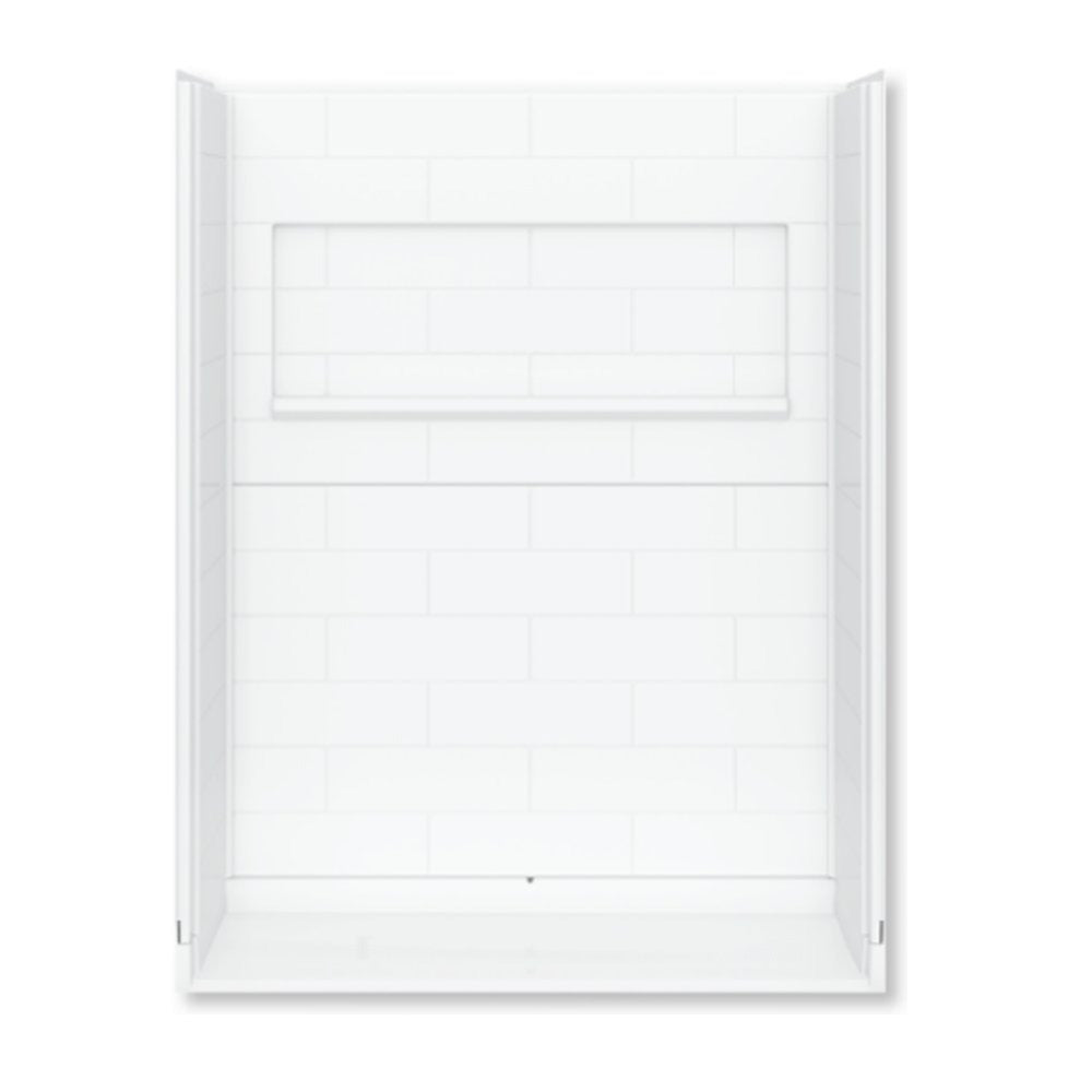 White 5-piece barrier-free walk-in shower kit with a long recessed shelf in the back wall