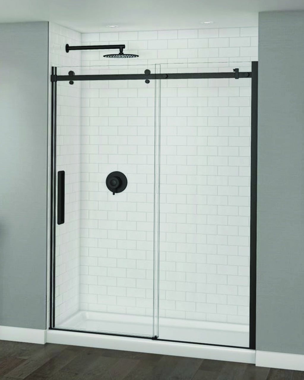 Shower finished with white classic subway wall panels behind a sliding glass door