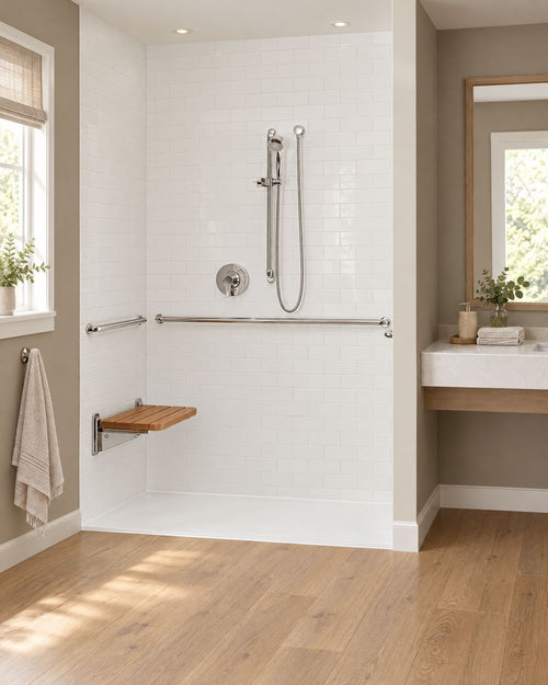Barrier-free walk-in shower kit with level entry, hand shower and grab bar in a warm bathroom