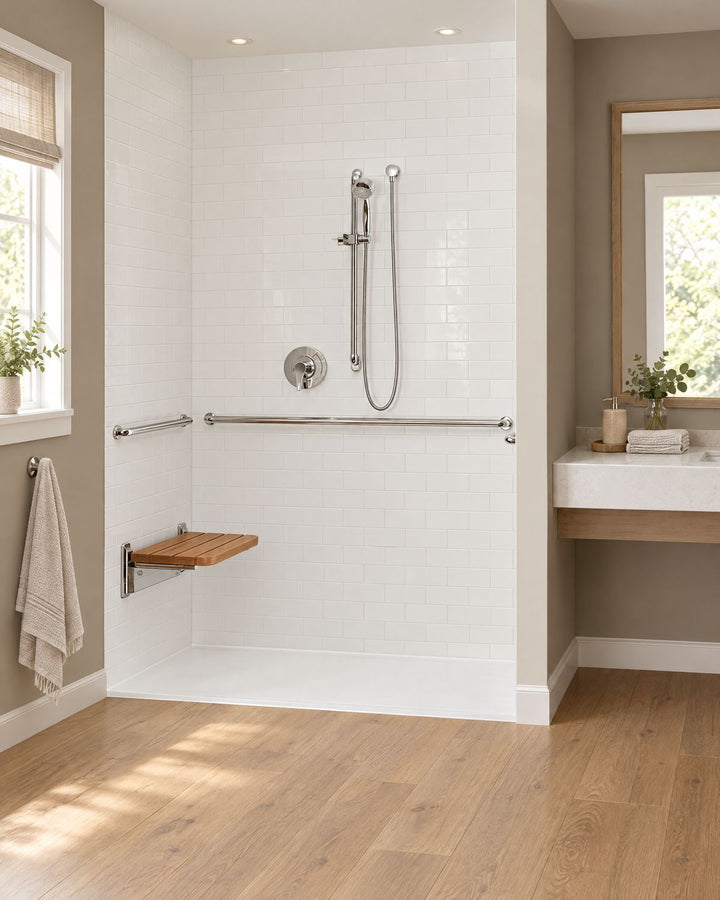 Barrier-free walk-in shower kit with level entry, hand shower and grab bar in a warm bathroom