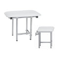 White padded fold-up shower seat with stainless support legs