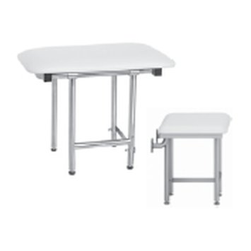 White padded fold-up shower seat with stainless support legs