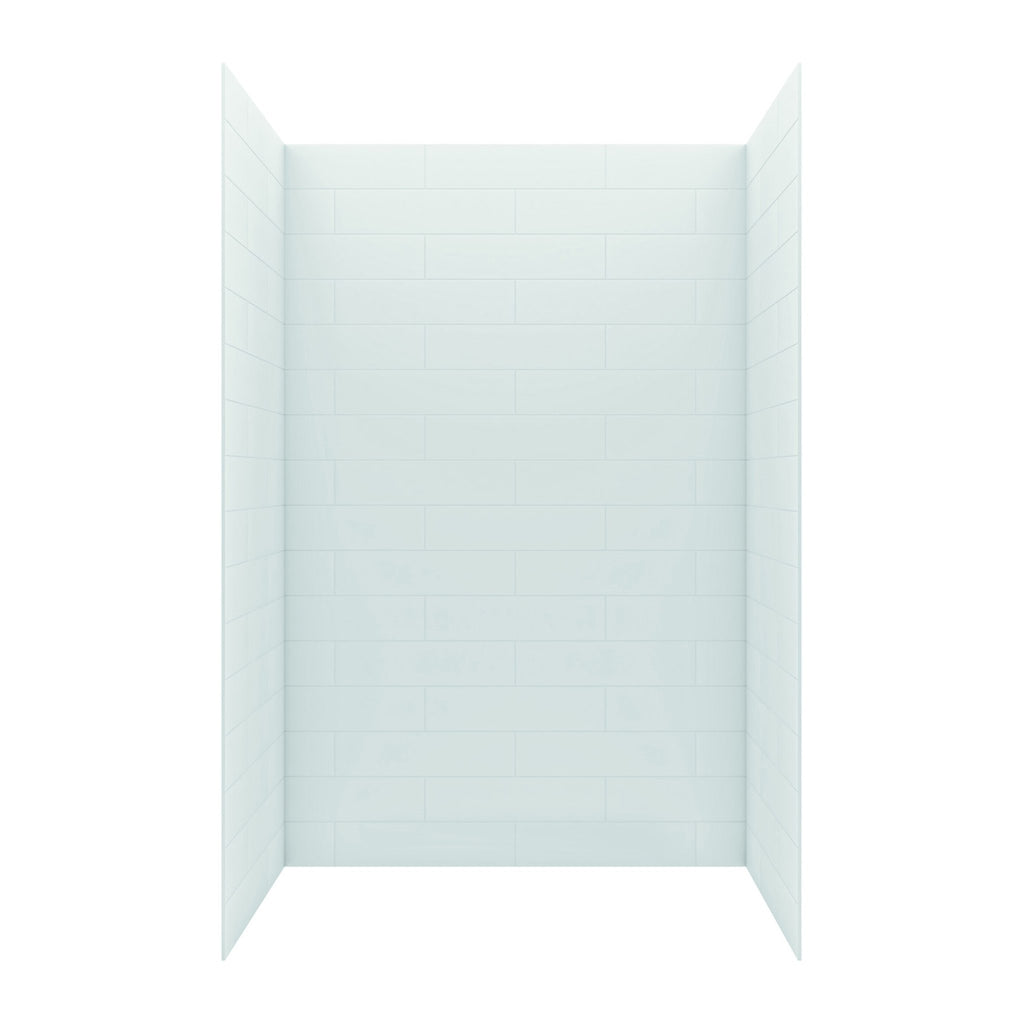 White three-panel shower wall set with a slim 6 x 24 subway tile pattern