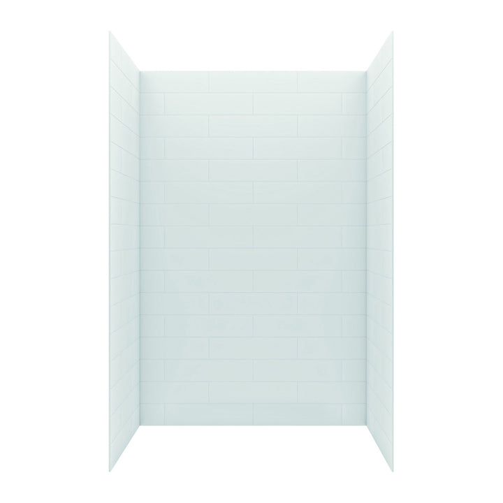 White three-panel shower wall set with a slim 6 x 24 subway tile pattern