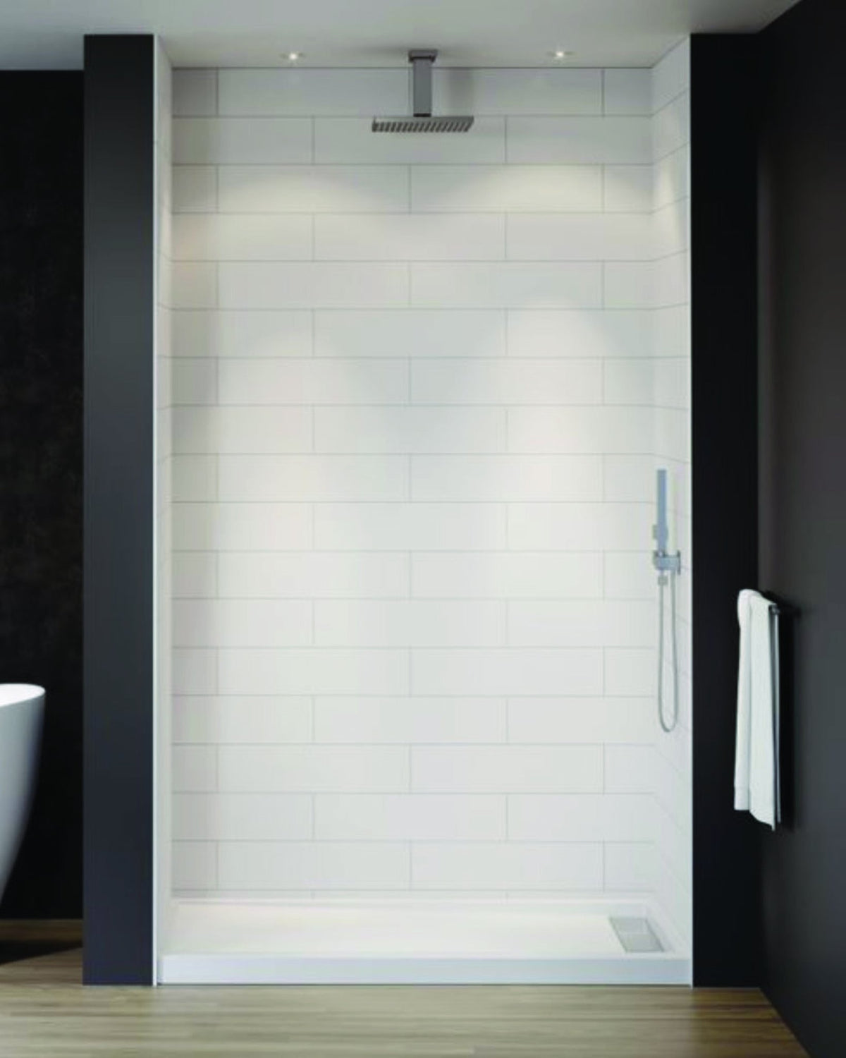 Walk-in shower with white modern subway wall panels, rain head and hand shower