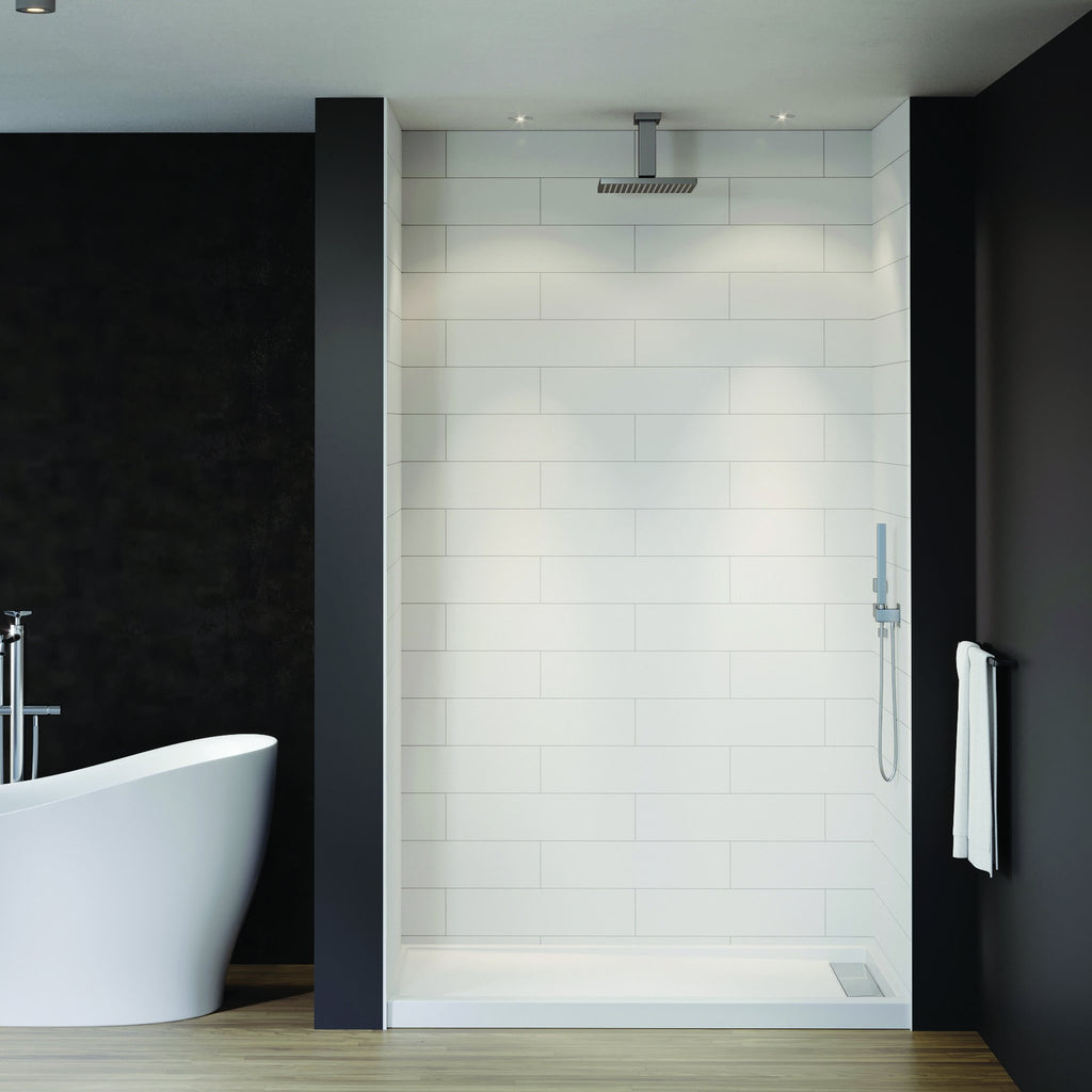 Modern bathroom with a walk-in shower finished in white modern subway wall panels