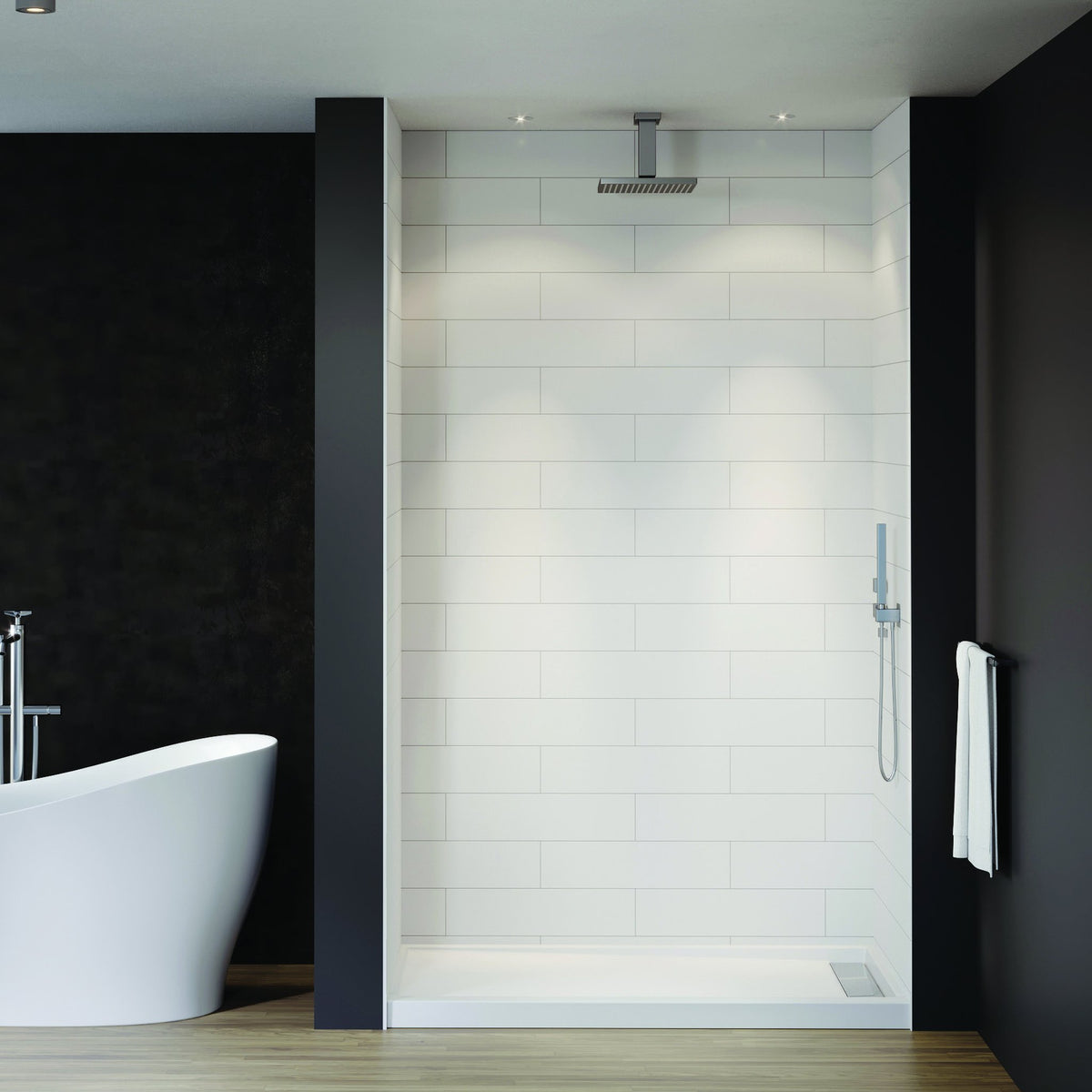 Modern bathroom with a walk-in shower finished in white modern subway wall panels