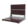 Fold-up shower seat with dark wood-finish slats on a stainless frame