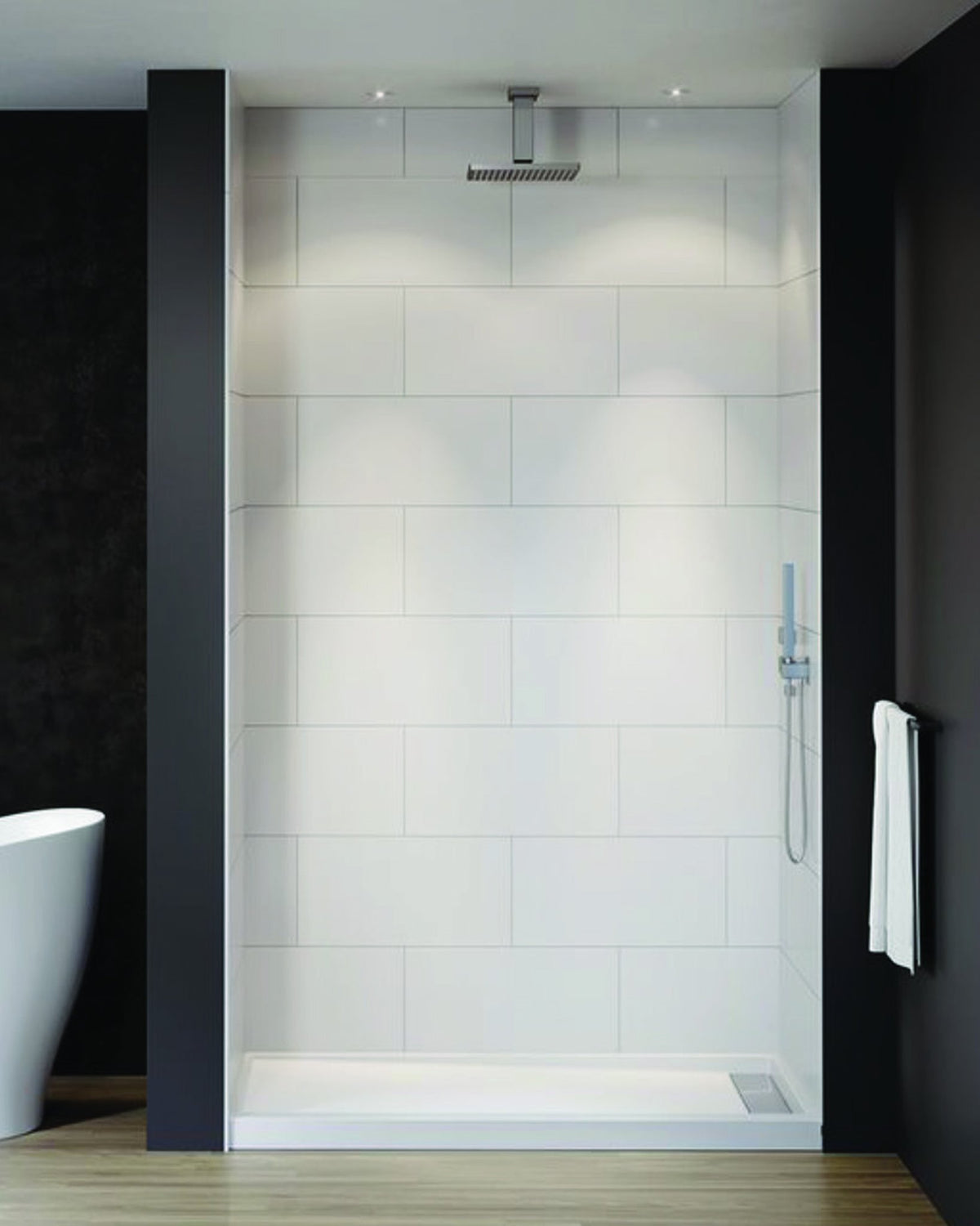 Walk-in shower finished with white traditional subway wall panels and a hand shower