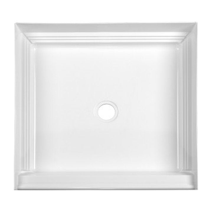 Top view of a white 32 x 32 shower base with a center drain