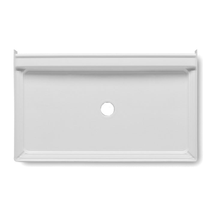 Top view of a white 60 x 34 shower base with a center drain