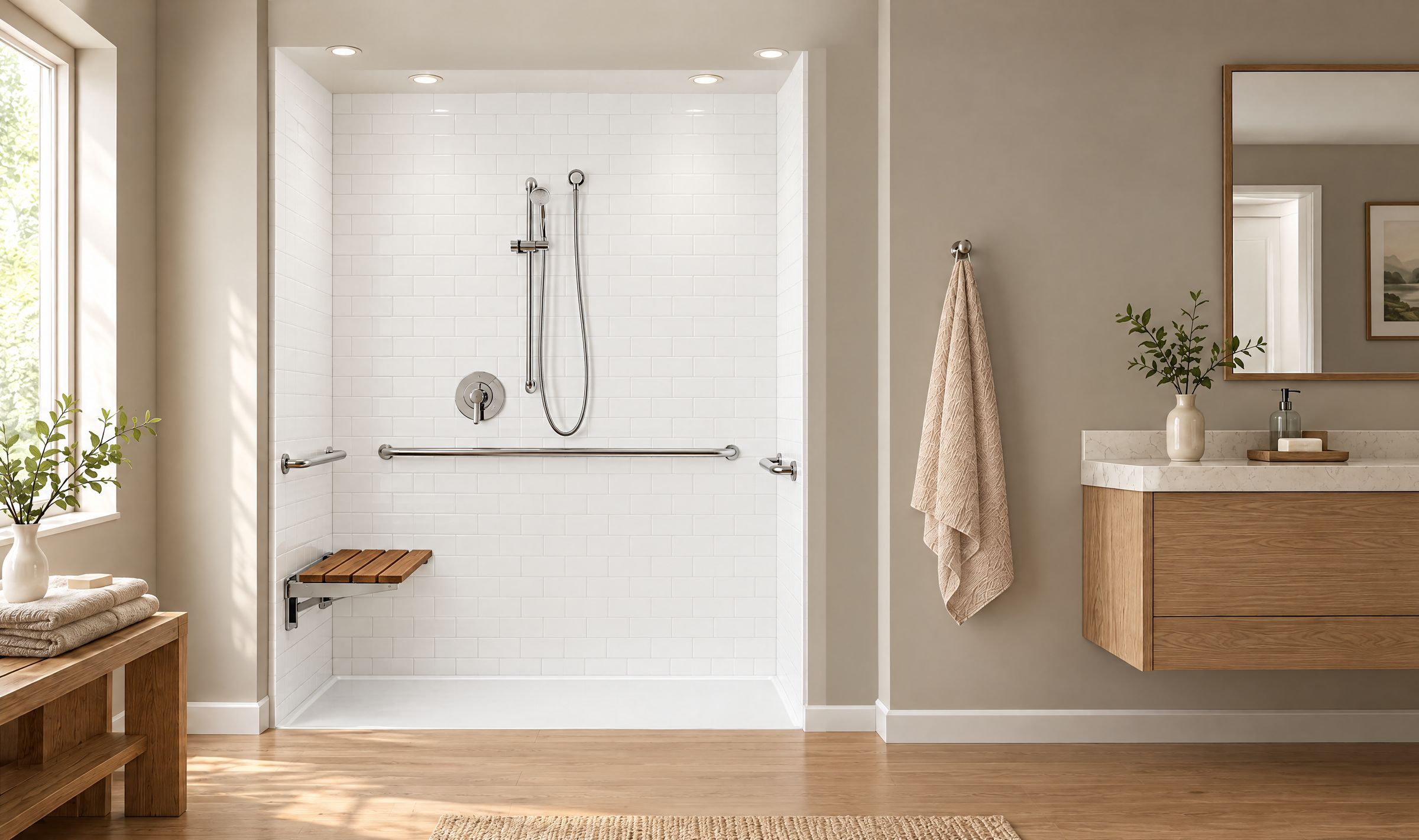 Curbless walk-in shower kit with white subway-pattern walls, level entry and a fold-down teak seat in a warm bathroom