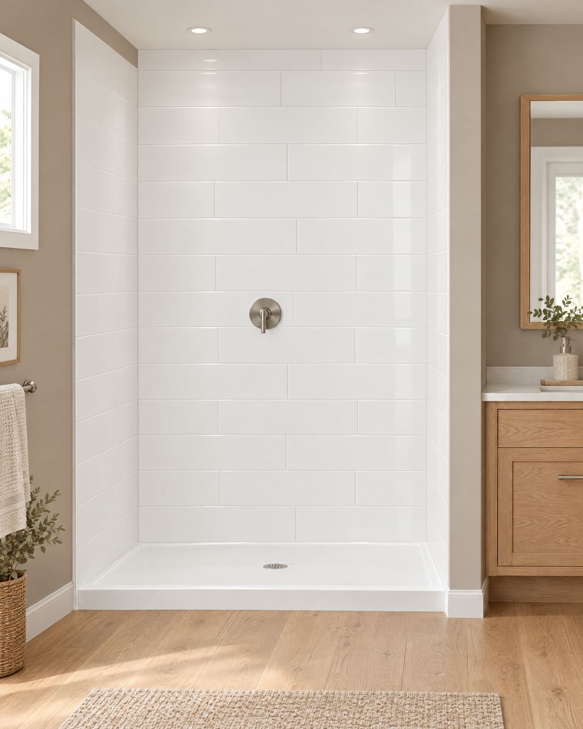White grout-free subway pattern shower wall panels installed over a low shower base