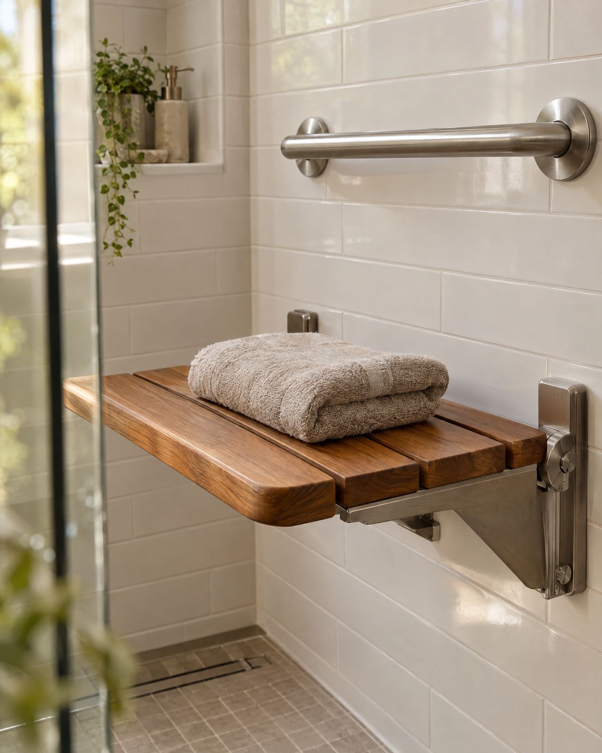 Teak fold-down shower seat and stainless grab bar on white shower wall panels